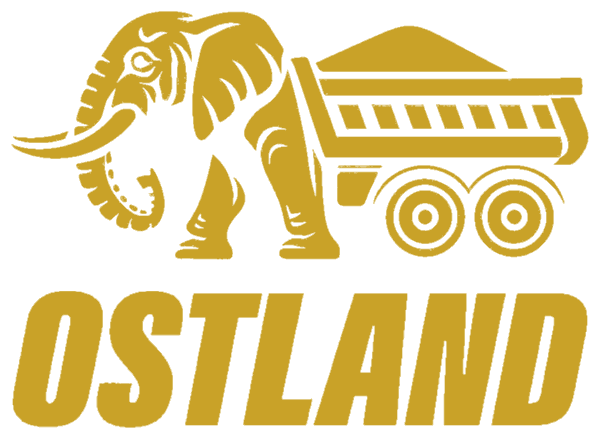 OSTLAND logotips — zilonis ar pašizgāzēja piekabi